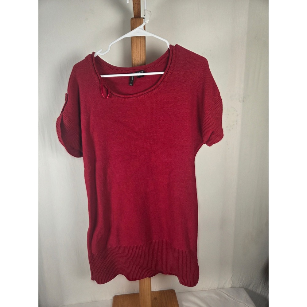 New Directions Womens Red Short Sleeve Knit Sweater Scoop Neck Button Tab M